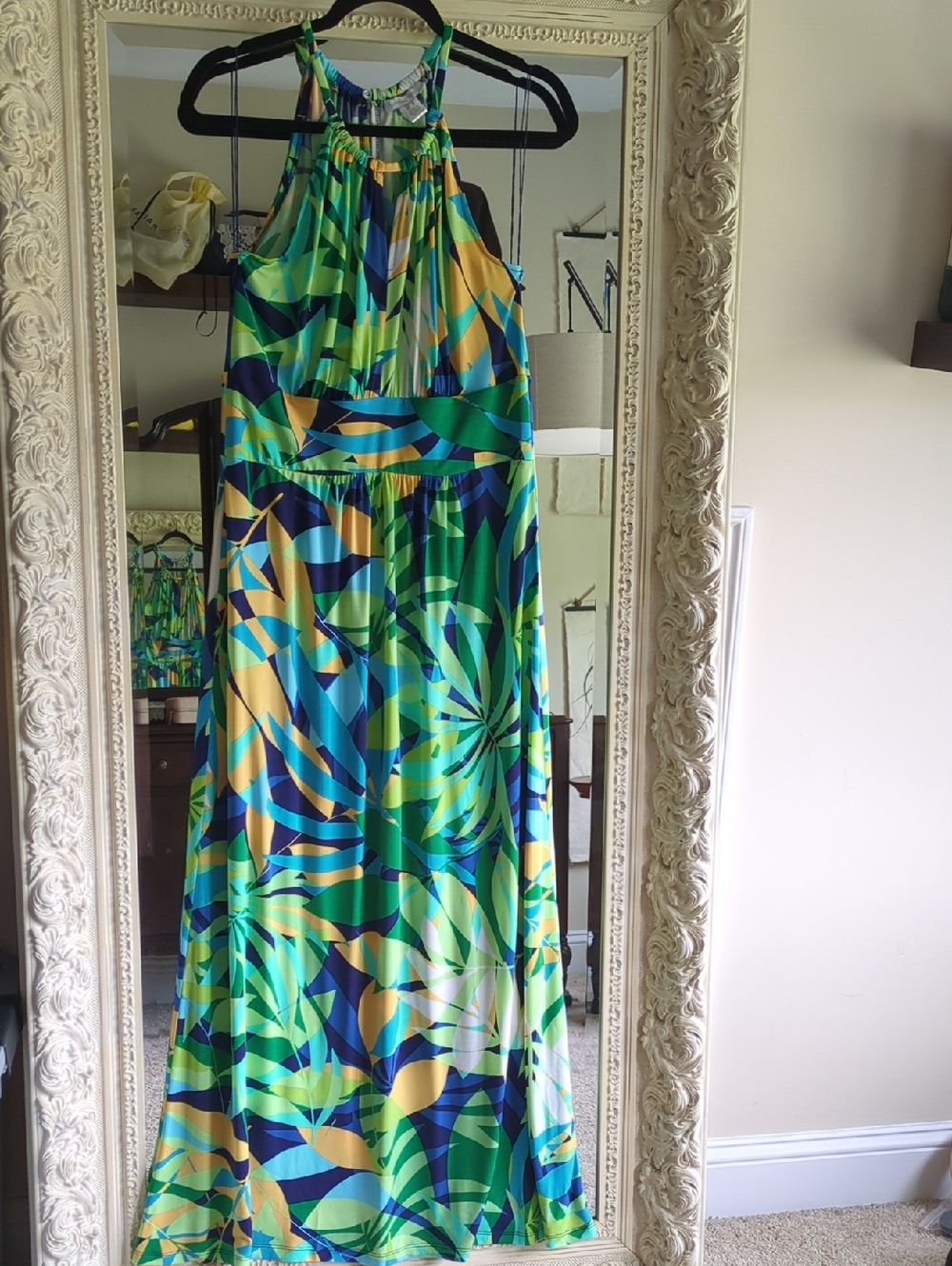 London Times Tropical Print Halter Dress in Green, Blue & Yellow